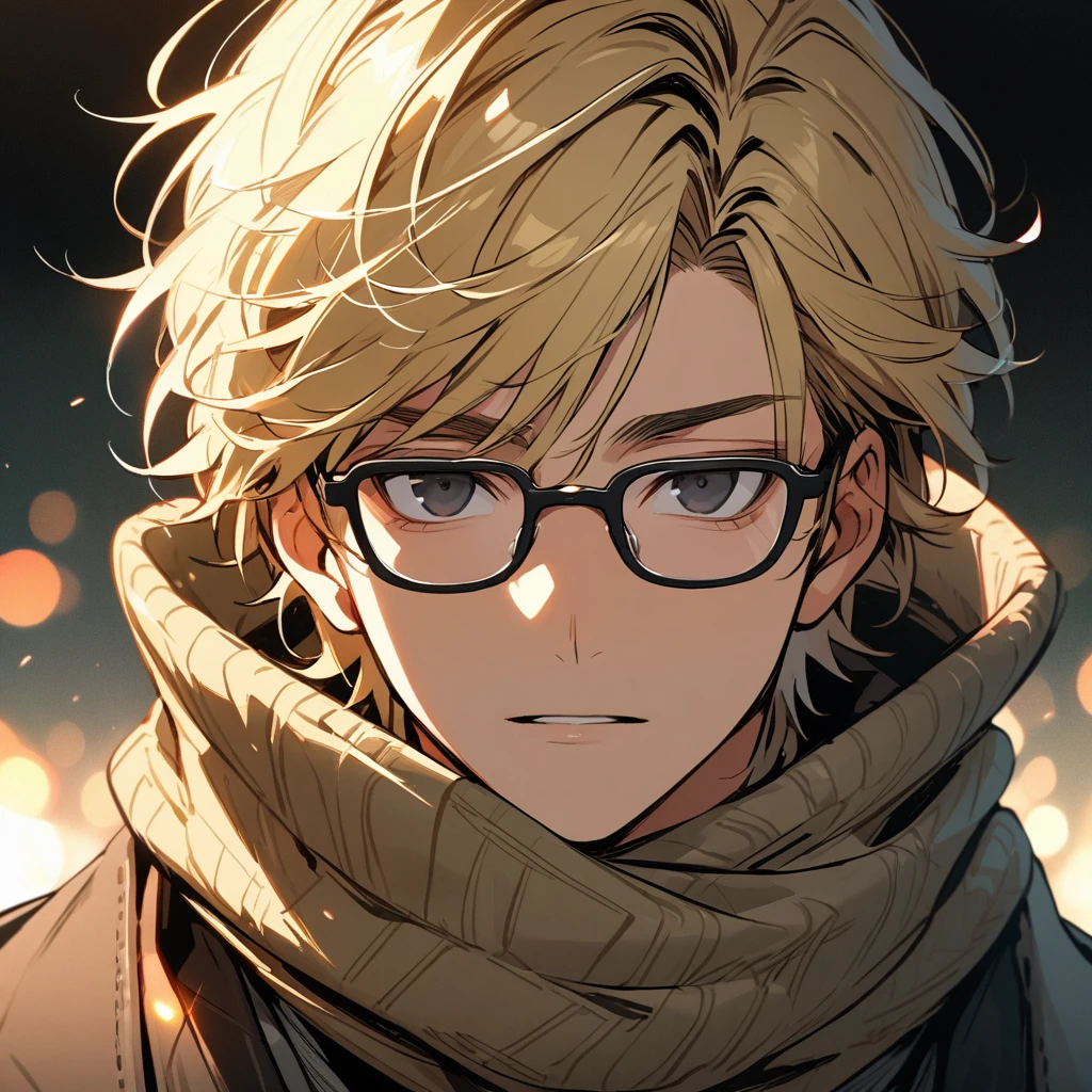 male, solo, handsome, blond hair, high detail, black eyes, wearing scarf,  main face, front face, innocent, glasses