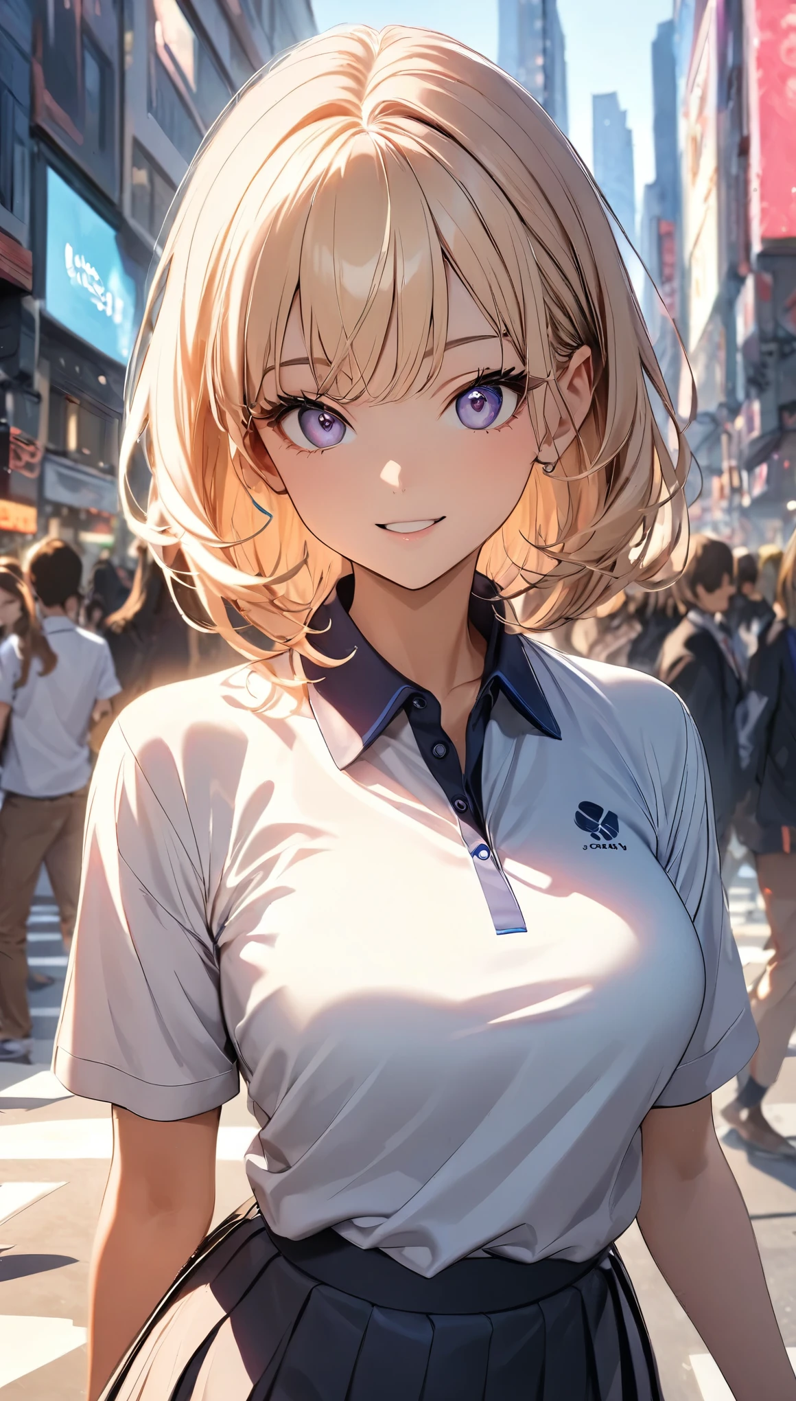 (Highest quality:1.2, Very detailed, up to date, Vibrant, 超High resolution, High Contrast, masterpiece:1.2, Highest quality, Best aesthetics), (((1 girl))), A carefully drawn Shibuya, Background of Shibuya Scramble Crossing, (学校指定のPolo shirt:1.2), Professionalism, Bright colors, Soft lighting, Expressive eyes, Detailed lips, Long eyelashes, Pleasant atmosphere, incite inferiority, Obscene eyes, Lewd smile, Open your mouth, Miraculous good looks:1.1, ((Polo shirt, Pleated skirt, Gal Makeup:1.2)), Positive Energy, Calm background, A nurturing presence, High resolution, Correct Perspective 1.1, (Soft focus throughout).
