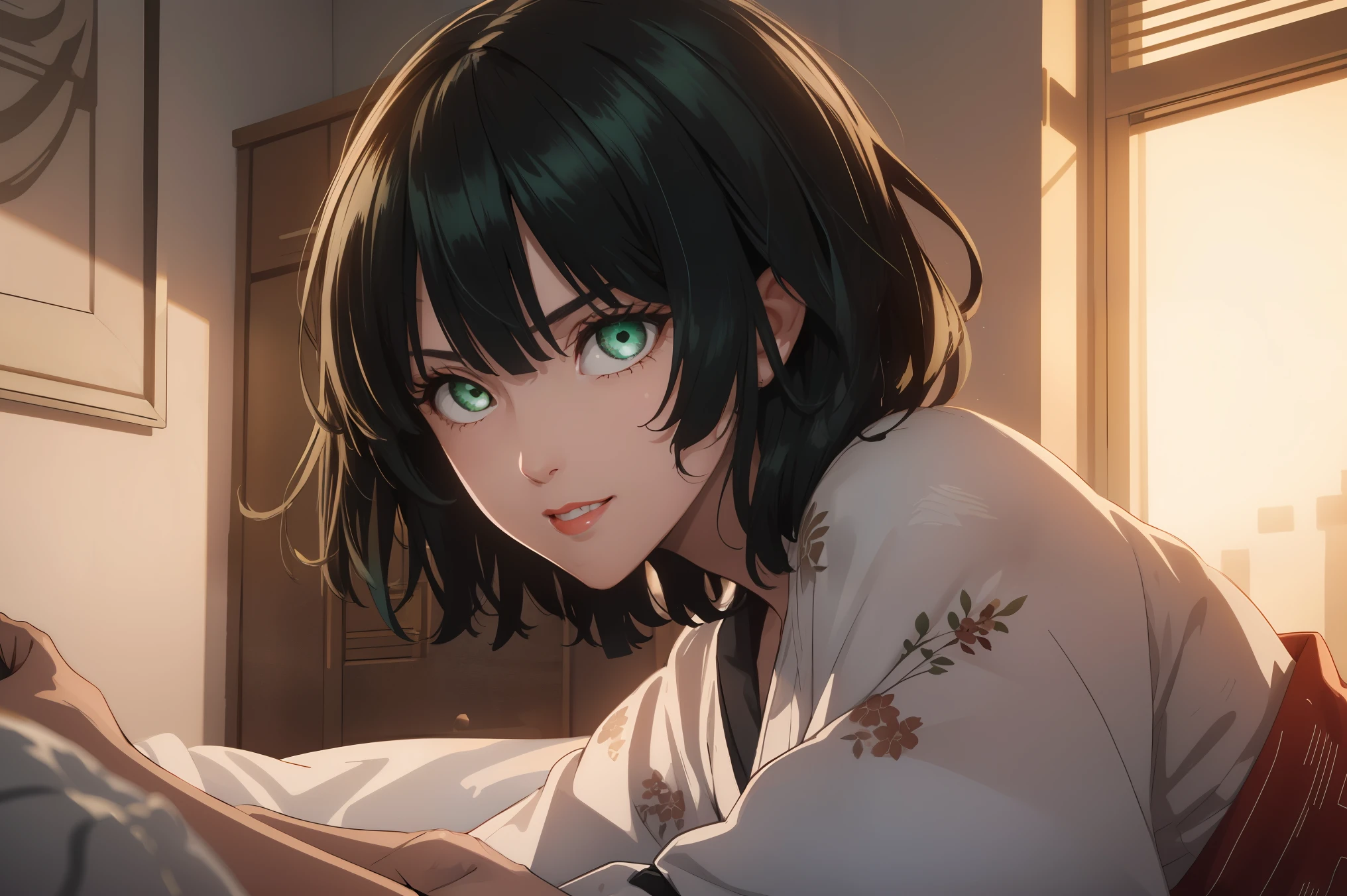 green eyes, (green color hair:1.2),By bang,short hair, flawless skin,dainty smile,vibrant red lips,
BREAK (bath yukata,purple bra:1.2)
BREAK laying on bed, looking at viewer, side angle, blush,
BREAK (masterpiece:1.2), best quality, high resolution, unity 8k wallpaper, (illustration:0.8), (beautiful detailed eyes:1.6), extremely detailed face, perfect lighting, extremely detailed CG, (perfect hands, perfect anatomy),