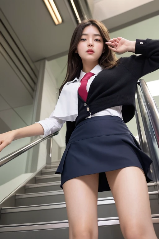 Escalator skirt, short coat, (close-up of lower body), rear view, very low camera angle, leaning forward. Panties under skirt. She turns to look at the photographer. Panties are tucked into skirt. Detailed facial rendering. Serious expression. Her eyes are fixed on the camera. (thighs exposed). (looking at photographer, lips slightly open). (reality). RAW photo. Perfect anatomy. Beauty. Japanese woman (18 years old). She is climbing stairs. (JK uniform). ((wearing a super mini skirt)), ((angle from below)), ((wearing a super mini skirt)) ((angle from below))