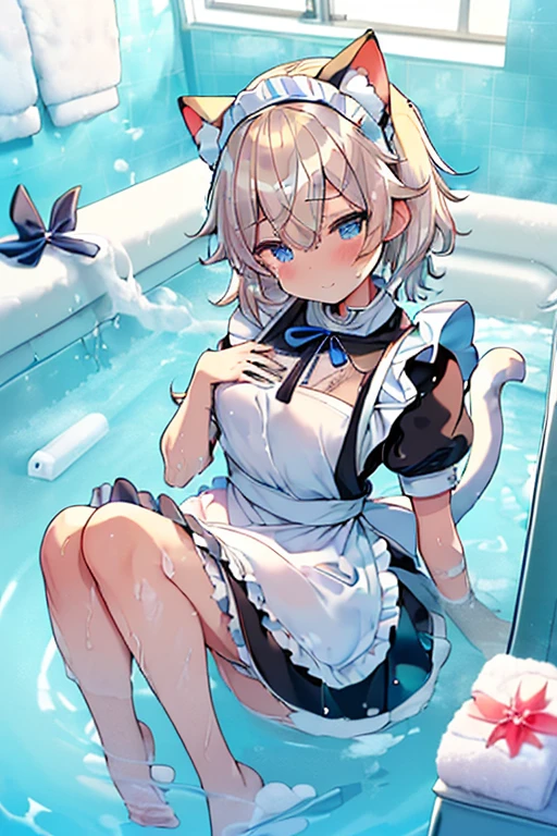 (Ultra high quality:1.6), (Highest quality:1.6), (Attention to detail:1.4), (Ultra-high resolution:1.6), (Detailed face:1.6), (Perfect Face:1,5), (Beautiful Eyes:1,6), (Detailed eyes:1.6), (Maid clothes, White apron, Headband, Black Dress, Blue ribbon, Maid clothes, Classic, Small breasts, Long:1.4), (白と黒のMaid clothes:1.6), (Blonde, Blue Eyes, Cat ear:1.5), cute, The best smile, Soaking wet, (Water droplets all over the body:1.4), (全身White foamまみれ:1.4), (Swimming in clothes, bathing, Bathroom, Longの浴槽:1.6), (relax, Relax:1.6), (Bubble bath:1.4, White foam:1.4), (Maid clothesのまま浴槽に浸かる:1.4), 衣服にもWhite foam, (Submerged from toes to chest:1.6), shampoo, Body Soap, 