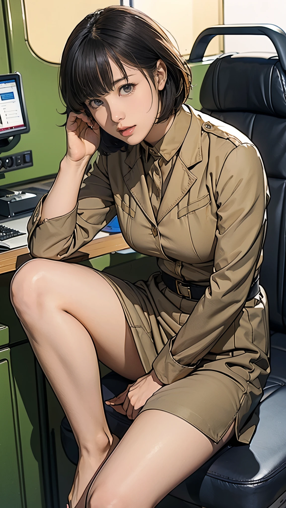 -yeld giEarth Federation Operator Girl Soldier、Black short hair、Idol-level cuteness、Childish face and appearance、Operator intercom mounted on head、Accurately drawn faces、thin、健康的なKnee-lengthスカート風の地球連邦軍制服、Knee-length、Inside the bridge of a battleship、Low angle shot、Anatomically correct、Accurate Fingers、Accurate Rimbuster Piece、Photorealization