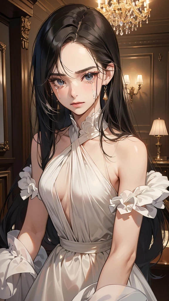 (masutepiece, Digital Art, Digital Illustration, 4K, 8K, Ultra-detailed, beautiful image, Sharp Image, Photorealistic, Raw photo, Perfect face, Perfect lines, Perfect eyes, Soft lighting) 1 woman, (Long Black Hair,straight haired,Bullish gaze,Beautie,ellegance,mannish,Wearing a suit,Solid makeup,23 y-o woman,small tits:1.3),Two handsome men in suits, (ember,Men in suits,well-muscled,Firm shoulder width,Adult male,Boyish hairstyle,English gentlemanly style,Man in his 30s with a cool expression,28-year-old man with bright smile:1.2),Antique furnishings,Antique Clamps,Antique chair,chandeliers,Crystal Glass,fantastical light,Marble fireplace,(First failure,irritation,Crying face,Beautiful crying face,vexation:1.2),At work,