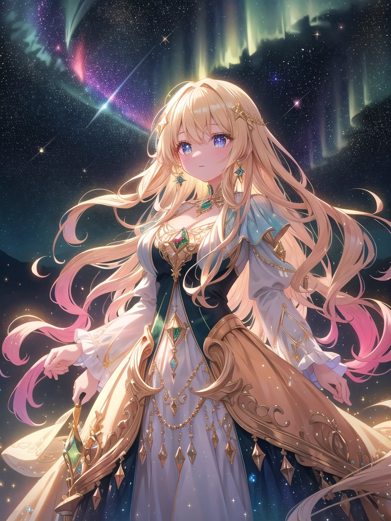 ((8k, best quality, master piece: 1.3)),super high resolution,(1 girl, solo), (colorshift eyes, hyperdetailed, expressive sparkling, glitter, glowing eyes), ultra detailed eyes, ultra-detailed face, random hair, ((pastel color)),A woman dressed in gold. The background is a mysterious space reminiscent of deep outer space, with infinite stars and light particles floating around. The background color is a gradation from deep navy blue to vague purple, with the glow of stars and galaxies sparkling. Deep in the universe, streaks of light like aurora that shine in seven colors spread fantastically, creating an overall dreamy and magnificent atmosphere. The woman is wearing a gorgeous golden outfit, the outfit is completely golden in color and is depicted as emitting a rainbow of light. She wears a long, flowing dress decorated with fine details, the dress is shiny gold, and each part of the outfit is sprinkled with various hues. The hem and cuffs of the dress are decorated with fine rainbow-colored gems and crystals, which shine fantastically in the light.
Her hair is long, with wavy curls, and her hair is a shiny gold color that is depicted as changing into seven colors in the light. Small golden ornaments and crystals are scattered in her hair, and the entire hair reflects the light and shines fantastically.
The woman's eyes are large and deep emerald green, and the rainbow light reflections in her eyes are naturally drawn. A luxurious gold necklace shines around her neck, and the necklace is adorned with multiple rainbow-colored gemstones. The outer space background and the woman's golden costume harmonize, emphasizing the overall fantastical and gorgeous atmosphere. The angle of view is set so that the woman's entire body is visible. This effect adds a magical, fantastical atmosphere to the image. The light reflections from the crystals create colorful highlights, making the entire scene shine.
