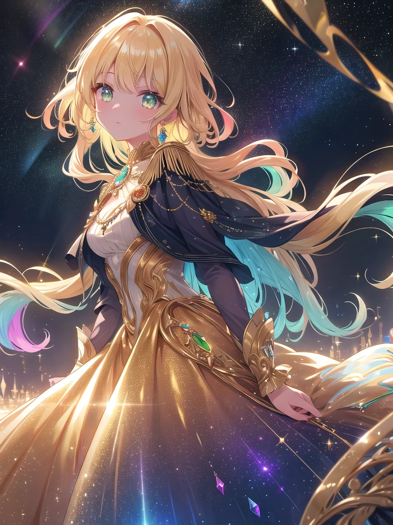 ((8k, best quality, master piece: 1.3)),super high resolution,(1 girl, solo), (colorshift eyes, hyperdetailed, expressive sparkling, glitter, glowing eyes), ultra detailed eyes, ultra-detailed face, random hair, ((pastel color)),A woman dressed in gold. The background is a mysterious space reminiscent of deep outer space, with infinite stars and light particles floating around. The background color is a gradation from deep navy blue to vague purple, with the glow of stars and galaxies sparkling. Deep in the universe, streaks of light like aurora that shine in seven colors spread fantastically, creating an overall dreamy and magnificent atmosphere. The woman is wearing a gorgeous golden outfit, the outfit is completely golden in color and is depicted as emitting a rainbow of light. She wears a long, flowing dress decorated with fine details, the dress is shiny gold, and each part of the outfit is sprinkled with various hues. The hem and cuffs of the dress are decorated with fine rainbow-colored gems and crystals, which shine fantastically in the light.
Her hair is long, with wavy curls, and her hair is a shiny gold color that is depicted as changing into seven colors in the light. Small golden ornaments and crystals are scattered in her hair, and the entire hair reflects the light and shines fantastically.
The woman's eyes are large and deep emerald green, and the rainbow light reflections in her eyes are naturally drawn. A luxurious gold necklace shines around her neck, and the necklace is adorned with multiple rainbow-colored gemstones. The outer space background and the woman's golden costume harmonize, emphasizing the overall fantastical and gorgeous atmosphere. The angle of view is set so that the woman's entire body is visible. This effect adds a magical, fantastical atmosphere to the image. The light reflections from the crystals create colorful highlights, making the entire scene shine.