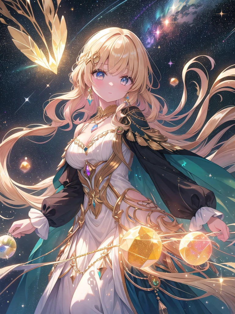 ((8k, best quality, master piece: 1.3)),super high resolution,(1 girl, solo), (colorshift eyes, hyperdetailed, expressive sparkling, glitter, glowing eyes), ultra detailed eyes, ultra-detailed face, random hair, ((pastel color)),A woman dressed in gold. The background is a mysterious space reminiscent of deep outer space, with infinite stars and light particles floating around. The background color is a gradation from deep navy blue to vague purple, with the glow of stars and galaxies sparkling. Deep in the universe, streaks of light like aurora that shine in seven colors spread fantastically, creating an overall dreamy and magnificent atmosphere. The woman is wearing a gorgeous golden outfit, the outfit is completely golden in color and is depicted as emitting a rainbow of light. She wears a long, flowing dress decorated with fine details, the dress is shiny gold, and each part of the outfit is sprinkled with various hues. The hem and cuffs of the dress are decorated with fine rainbow-colored gems and crystals, which shine fantastically in the light.
Her hair is long, with wavy curls, and her hair is a shiny gold color that is depicted as changing into seven colors in the light. Small golden ornaments and crystals are scattered in her hair, and the entire hair reflects the light and shines fantastically.
The woman's eyes are large and deep emerald green, and the rainbow light reflections in her eyes are naturally drawn. A luxurious gold necklace shines around her neck, and the necklace is adorned with multiple rainbow-colored gemstones. The outer space background and the woman's golden costume harmonize, emphasizing the overall fantastical and gorgeous atmosphere. The angle of view is set so that the woman's entire body is visible. This effect adds a magical, fantastical atmosphere to the image. The light reflections from the crystals create colorful highlights, making the entire scene shine.