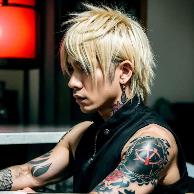 Japanese gothic rocker man, male, Asian eyes, muscular, broad shoulders, yakuza tattoos, hairstyle Visual Kei style, hair Visual Kei, black men's shirt and black pants, ultra detailed face, hyperrealistic, realistic representation, 30 years old, age 30 years,, blonde hair