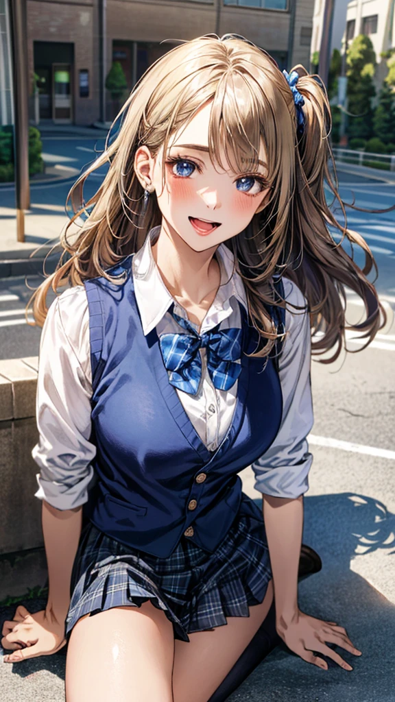 (masterpiece:1.3, top-quality, ultra high res, ultra detailed), (realistic, photorealistic:1.4), beautiful illustration, perfect lighting, natural lighting, colorful, depth of fields, surrealism, 
beautiful detailed hair, beautiful detailed face, beautiful detailed eyes, beautiful clavicle, beautiful body, beautiful chest, beautiful thigh, beautiful legs, beautiful fingers, shiny skin, babyface, 
looking at viewer, 1 girl, japanese, high school girl, (perfect anatomy, anatomically correct, super detailed skin), cute and symmetrical face, perfect face, perfect eyes, 
(long hair, (two side up), straight hair, sandy beige hair), asymmetrical bangs, blue eyes, big eyes, long eyelashes, (large breasts:1.2, seductive thighs), slender, outstanding style, 
((detailed cloth texture, break,break, white collared shirt, break,break, navy blue suit vest, break,break, blue plaid pleated skirt, break,break, purple blue bow tie), break,break, white socks, black loafer), 
(beautiful scenery), evening, (downtown), walking, (lovely smile, upper eyes, open mouth),