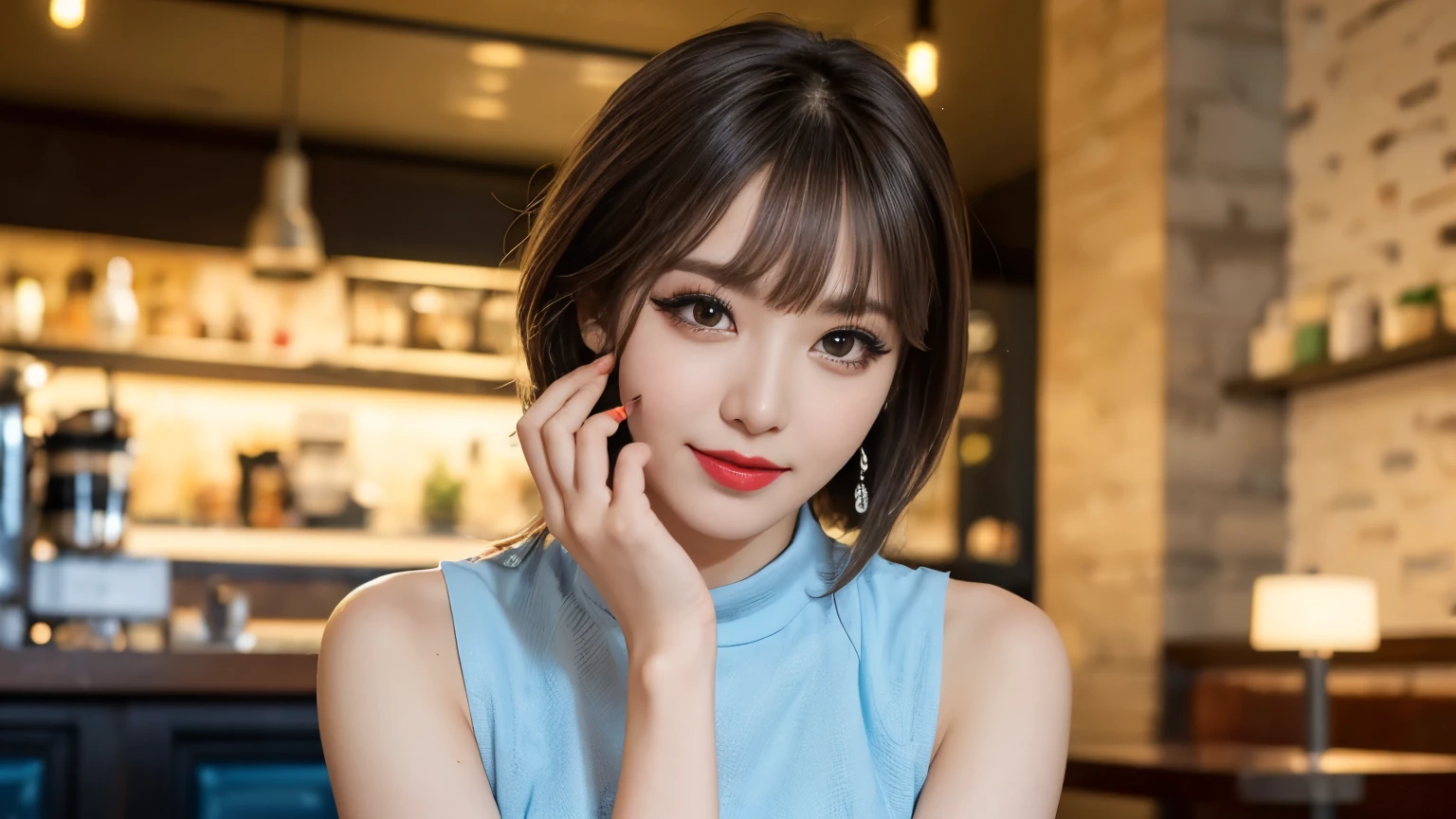 (((A woman posing in a light blue sleeveless dress in a cafe)))、Shiny and smooth light brown hair, Beautiful sky in every detail、Earrings、(Dynamic Pose:1.2)、 (Upper body:0.8)、Soft lighting、Wind、Glowing Skin、Laughter、,(eye shadow:1.3),(Eyeliner:1.3),(mascara:1.3),(Red cheeks:1.3),(sexy lipstick:1.1),K-POPアイドル、Gravure idol pose、Cowboy Shot、(((Gal)))、Summer clothes:1.2、Photographed inside the cafe