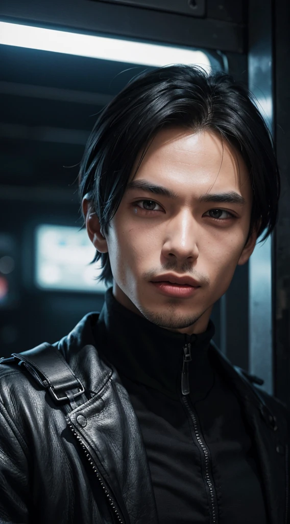 "In a cyberpunk setting, a young man in futuristic clothing is sticking out his tongue in a provocative and confident manner. He is facing the front and the image is updated to be a close-up view."