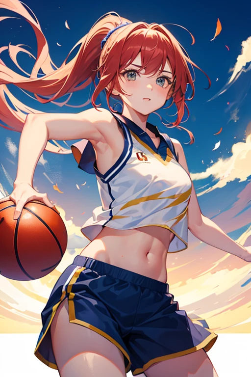 Beautiful girl playing basketball、Jump、only one ball, ponytail、Basketball Uniform、Shorts、Jump and throw the ball、Wind lift lifts the uniform、Abdominal flash