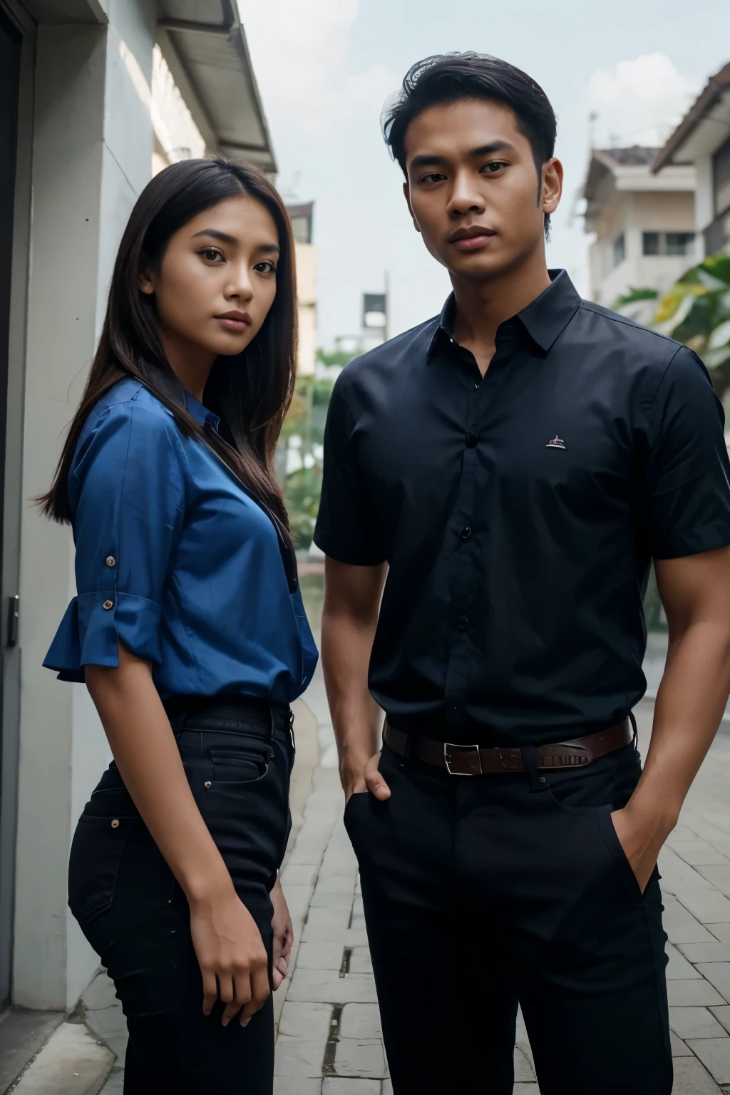 an Indonesian man and an Indonesian woman standing next to each other, an image, inspired by Adam Dario Keel, which is trending in the cg community, a handsome young Indonesian man with a beautiful young Indonesian woman in a blue blouse, black skinny jeans, movie screencap, model elissa jes from acquamodels
