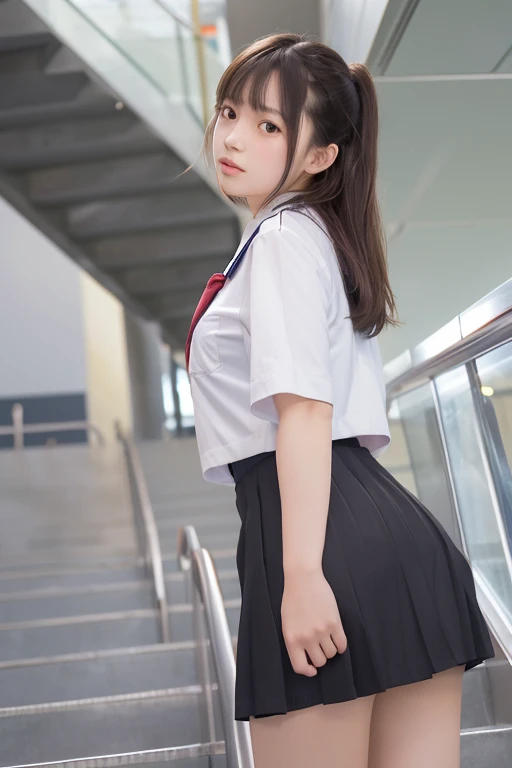 Escalator skirt, short coat, (close-up of lower body), rear view, very low camera angle, leaning forward. Panties under skirt. She turns to look at the photographer. Panties are tucked into skirt. Detailed facial rendering. Serious expression. Her eyes are fixed on the camera. (thighs exposed). (looking at photographer, lips slightly open). (reality). RAW photo. Perfect anatomy. Beauty. Japanese woman (18 years old). She is climbing stairs. (JK uniform). ((wearing a super mini skirt)), ((angle from below)), ((wearing a super mini skirt)) ((angle from below))