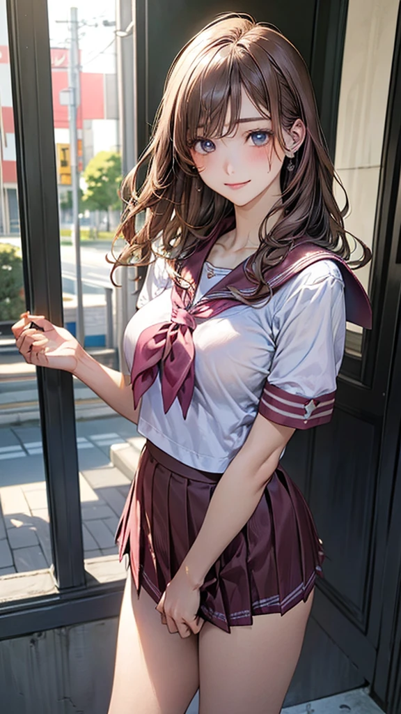 (masterpiece:1.2, top-quality), (realistic, photorealistic:1.4), beautiful illustration, (natural side lighting, movie lighting), nsfw,
looking at viewer, cowboy shot, front view:0.6, 1 girl, japanese, high school girl, perfect face, cute and symmetrical face, shiny skin,
(middle hair:1.2, wavy hair:1.2, light brown hair), bangs pinned back, blue eyes, long eye lasher, (large breasts:0.8, seductive thighs),
beautiful hair, beautiful face, beautiful detailed eyes, beautiful clavicle, beautiful body, beautiful chest, beautiful thigh, beautiful legs, beautiful fingers,
((detailed cloth texture, short sleeves cute sailor suit, pink pleated skirt, red sailor collar, pink sailor scarf, socks, brown loafers)),
(beautiful scenery), evening, riverside, standing, (cute, lovely smile, upper eyes),