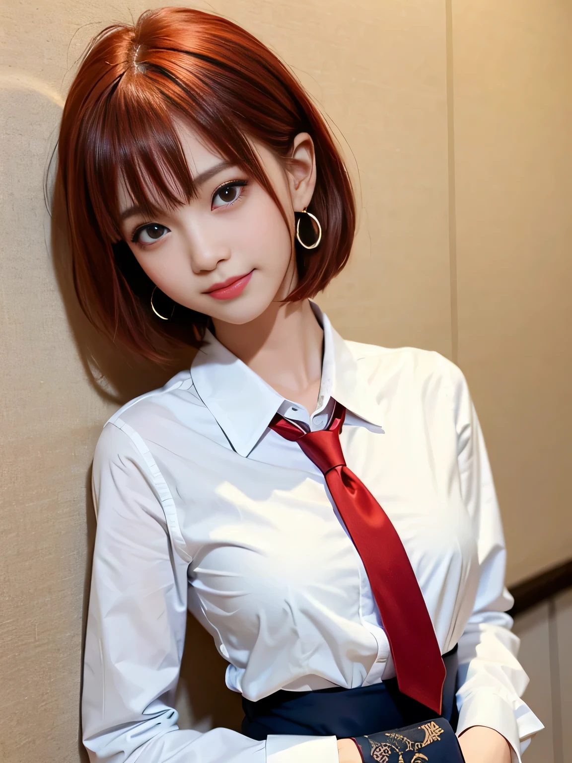 Highest quality、Figures、one person、Earrings、Cute Girls、sexly、Slender、Red tie、White shirt、sexly、Navy blue exy))、Very detailed、Fine details、Slim Body、Slender、Japanese Girls、High resolution、8k、wallpaper、Perfect dynamic composition、Beautiful fine details、Short Bob Cut、((Red Hair))、Big natural color lip、大胆なsexlyポーズ、smile、Cold Stare、、Cute、Lolita、Good eyes、whole body、Yellow wall、smile、