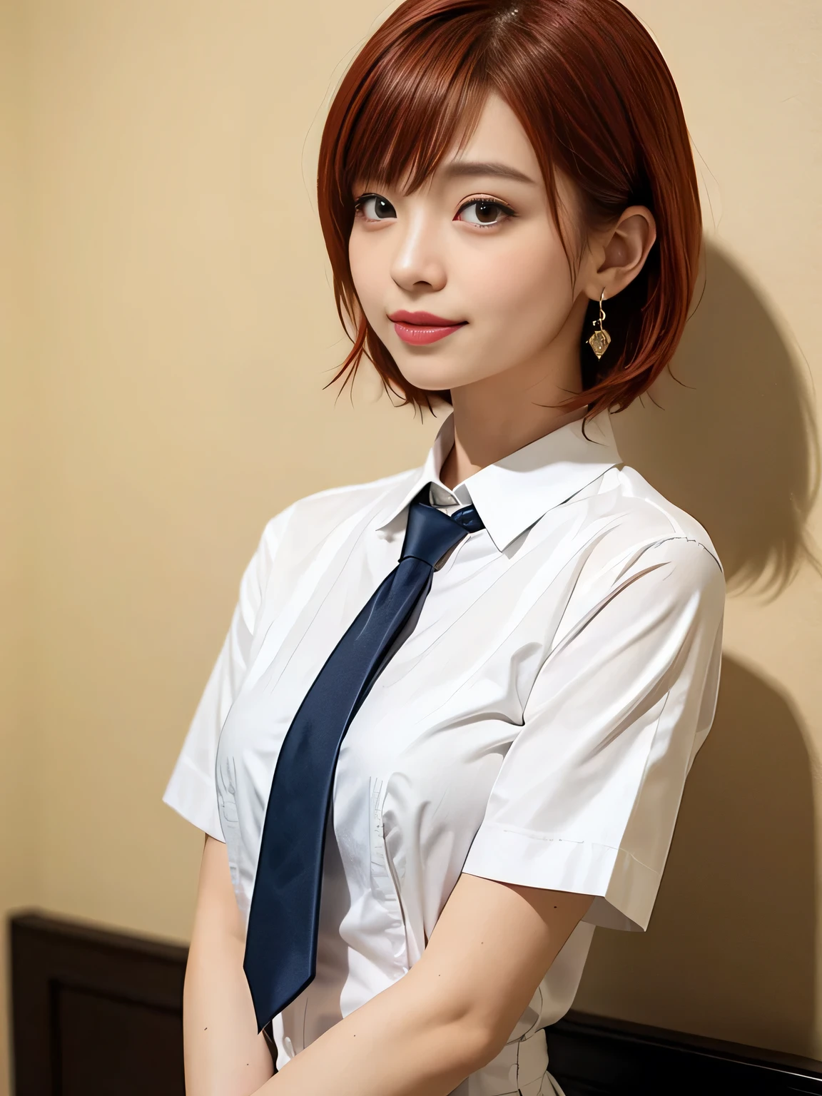 Highest quality、Figures、one person、Earrings、Cute Girls、sexly、Slender、Red tie、White shirt、sexly、Navy blue exy))、Very detailed、Fine details、Slim Body、Slender、Japanese Girls、High resolution、8k、wallpaper、Perfect dynamic composition、Beautiful fine details、Short Bob Cut、((Red Hair))、Big natural color lip、大胆なsexlyポーズ、smile、Cold Stare、17-year-old girl、Cute、Lolita、Good eyesight、whole body、Yellow wall、smile、