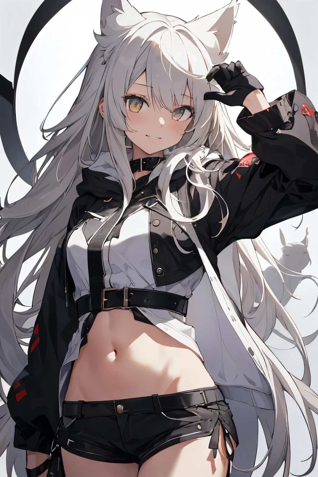 1girl, {alone}, Upper Body ,{{ {Looking at viewer}}}, Arms at your sides, Concept Art, white returnground, simple returnground, Gray Hair, Silver Gradient Hair , Complex fabric, Asymmetrical clothing, Virtual YouTuber, highest quality, masterpiece, Dynamic Angle, Guilty Gear, Guilty Gear, Guilty Gear, cowboy_shot, Looking_return, Grab, girl,woman,woman, young,20-year-old, Very long hair, Reverse hair, Silver Hair, Flowing Hair, Ahoge, Grin, Beautiful and delicate golden eyes, teeth, Moderate_chest, Blonde Eyes, White skin, coat, hoodie, black_Shorts, Grey clothes, transparent_returnground, returnlighting, Absurd, High resolution, Super detailed,