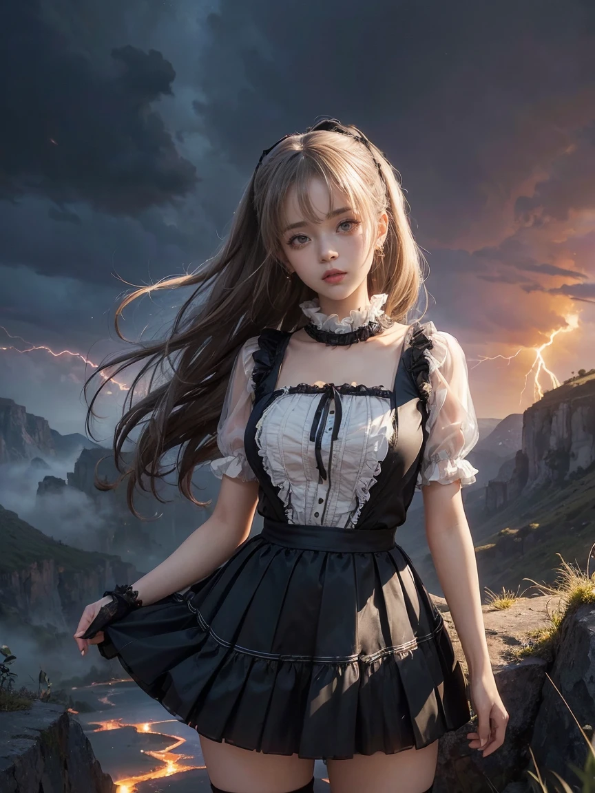 masutepiece, 8K,Focus on the thighs,High resolution full body, surrealism, Cinematic lighting, god light,Layered processing (HD layers, People layer, Background image layer),f/4.0, kanon,(((The face is super clear))),hugefilesize,Shiny skin,Detailed skin,Detailed face, Detailed eyes, Goddess of the Storm,(Lolita dress miniskirt:1.5), At the top of a huge canyon, The wind was blowing violently, Hair similar to the color of wind and lightning, nakeness, Bare chest, No top, Show off , Storm vortex pendant, Lightning earrings, Dark clouds loom like a storm, A thunderous scene,Sky thunder and lightning scattered together,