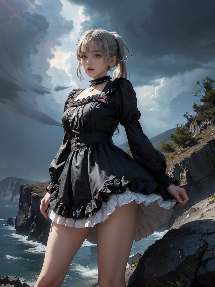 masutepiece, 8K,Focus on the thighs,High resolution full body, surrealism, Cinematic lighting, god light,Layered processing (HD layers, People layer, Background image layer),f/4.0, kanon,(((The face is super clear))),hugefilesize,Shiny skin,Detailed skin,Detailed face, Detailed eyes, Goddess of the Storm,(ta dress miniskirt:1.5), At the top of a huge canyon, The wind was blowing violently, Hair similar to the color of wind and lightning, nakeness, Bare chest, No top, Show off , Storm vortex pendant, Lightning earrings, Dark clouds loom like a storm, A thunderous scene,Sky thunder and lightning scattered together,