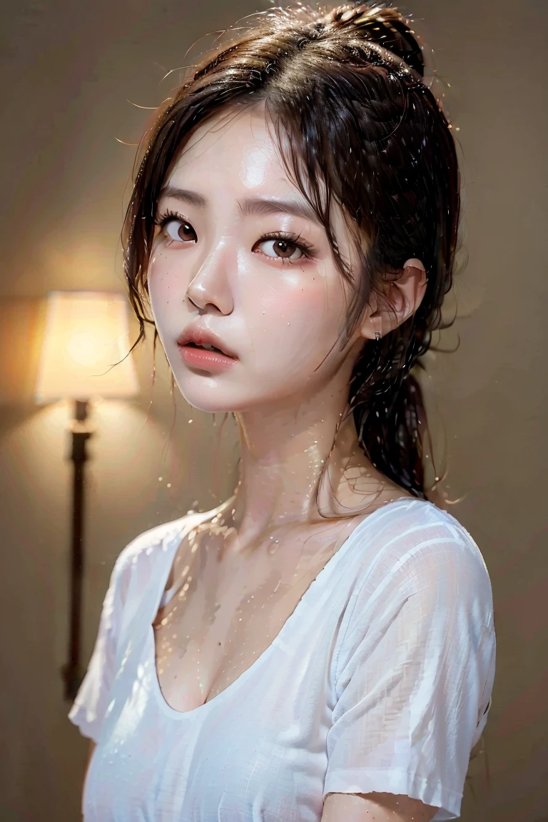 (((Upper Body Shot，Close-up photo)))、(((Long Hair，Bun hairstyle)))、(((Wet day，get wet)))、(((White summer chiffon shirt，get wet雪紡衫)))、18-year-old、anger、girl、Ample breasts、Chest points、Piercing the breast、Showing nipples、Light eye makeup、Ultra-realistic faces、High resolution 16k、Skin texture must be natural、Use natural light and colour、 High quality photos taken by modeling agencies.