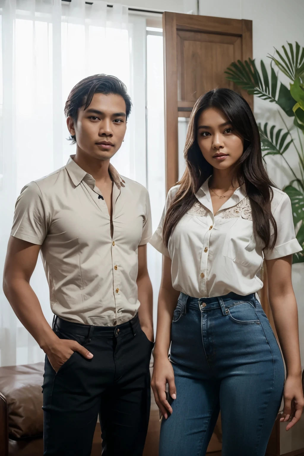 an Indonesian man and an Indonesian woman standing next to each other, an image, inspired by Adam Dario Keel, which is trending in the cg community, a handsome young Indonesian man with a beautiful young Indonesian woman in a blouse, highwaist skinny jeans, tangled hair, movie screencap, model elissa jes from acquamodels, 8k, photorealistic