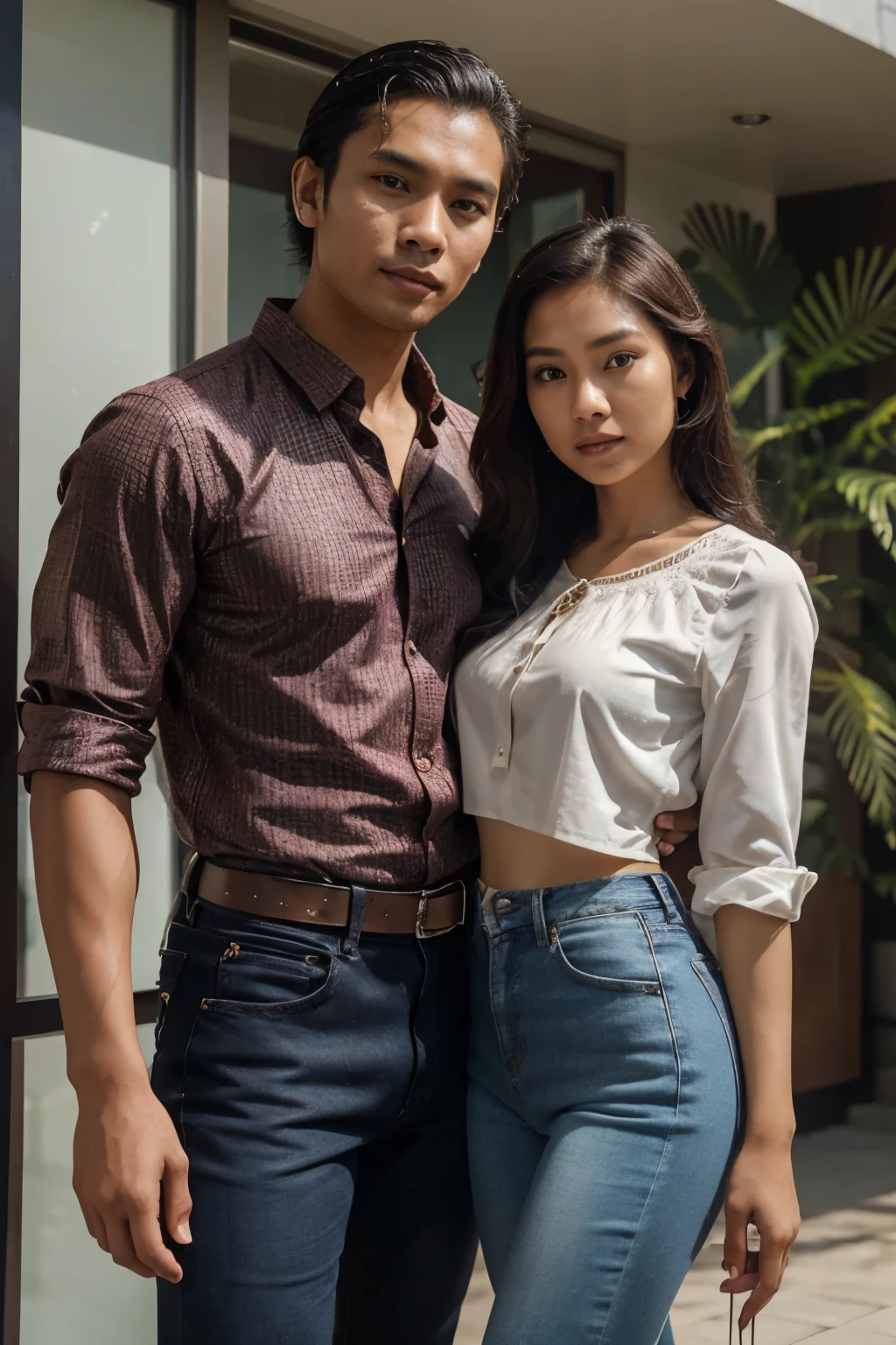 an Indonesian man and an Indonesian woman standing next to each other, an image, inspired by Adam Dario Keel, which is trending in the cg community, a handsome young Indonesian man with a beautiful young Indonesian woman in a blouse, highwaist skinny jeans, tangled hair, movie screencap, model elissa jes from acquamodels, 8k, photorealistic