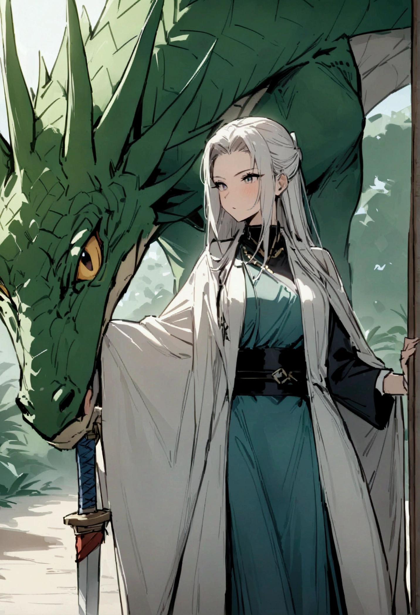 masterpiece,Highest quality,Super quality,Enemy Characters,Female Swordsman,Vacationing with a pet dragon