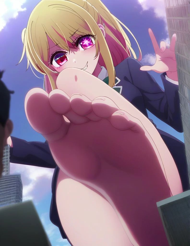 (8k, masterpiece, best quality, fine shadows, cinematic lighting, ultra high res), detailed eyes and face, almond eyes, sharp focus, 1girl, (slim body, small waist, thighs, hips, legs, medium breasts), long eyelashes, realistic skin, ruby_hoshino, blonde hair, bangs, pink eyes, long hair, looking at viewer, red eyes, streaked hair, hair between eyes, sidetail hair, (school uniform, blazer, ribbon), evil grin, (star pupil:1.3), anime, 1 girl, oshi no ko, ruby hoshino, stepping, stepped on, pov, angle from above, no shoes, feet, looking down, toes, one foot out of frame, leg lift, foot focus, barefoot, standing on one leg, depth of field, outdoors,( foreshortening:1.2), facial blur, blurry face, building, sky, cloud, giantess, mega size, masterpiece, best quality, absurdres, ultra detailed, psycho laugh, blonde, evil sadistic yandere glare, 6 pointed star pupil on right eye, five toes, detailed star pupil, full body shown, stinky feet, extremely dirty feet, detailed dirty feet, detailed full body, crushing the city with bare foot, city, a panel of her laughing at the side, 5 toes only, high quality, not out of frame, detailed eyes, the shape of a perfect foot, the shape of perfect legs, perfect body shape, 5 fingers, comic, detailed comic, detailed mouth, perfect eyes, perfect eyebrows, five tiny people stuck on her feet, five tiny people tied to her feet, city being destroyed, detailed city, high resolution, detailed tiny people, dark star pupil