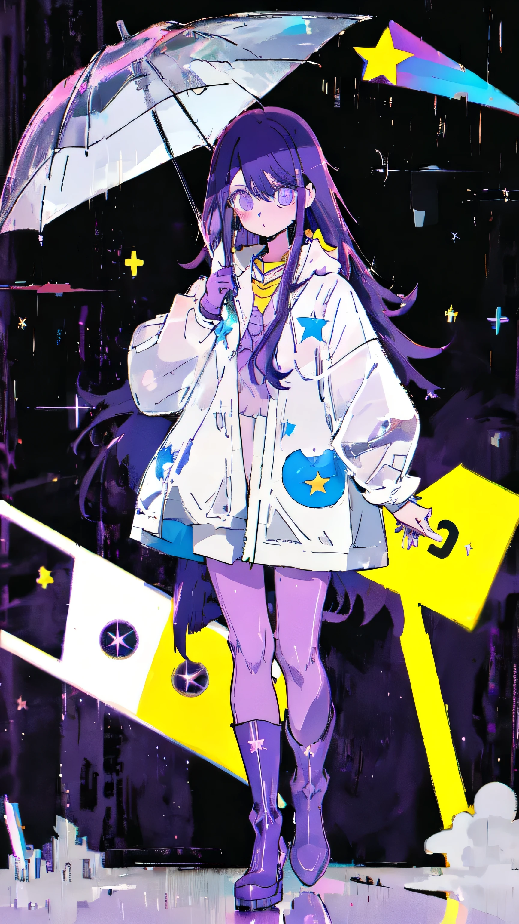 1girl, solo, raincoat, walking in the rain, flat color, rainboots, bag, transparent hood up, long sleeves, purple hair, star-shaped pupil, long hair, bangs, looking at viewer, holding umbrella, yellow footwear, road sign,