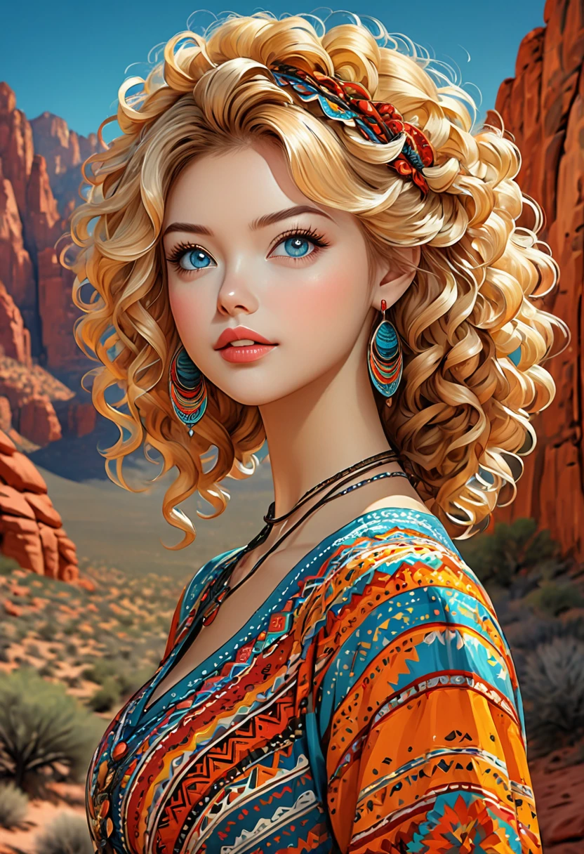 Beautiful boho women stunning merge of Masiela Lusha with colorful southwestern style dress. colorful southwestern earing and. jewelry, blond colored hair that is coarse, wiry, and tightly curled. It often has a rough texture, feels stiff to the touch, and may be prone to frizz and tangling. The curls can be densely packed. cute, girly, sexy. The Official Art – An Award-Winning Digital Masterpiece In 4K Ultra HD, Extreme Detail And Intricate Realism. symmetrical face. This Concept Art Brought To Life By The Hands Of Artists Like Wlop & Artgerm In A Stunning 2D Vector Illustration. large, perky, full, vuluptious, symmetrical and spherical breasts. Background is a beautiful panoramic vista of a red rock canyon.