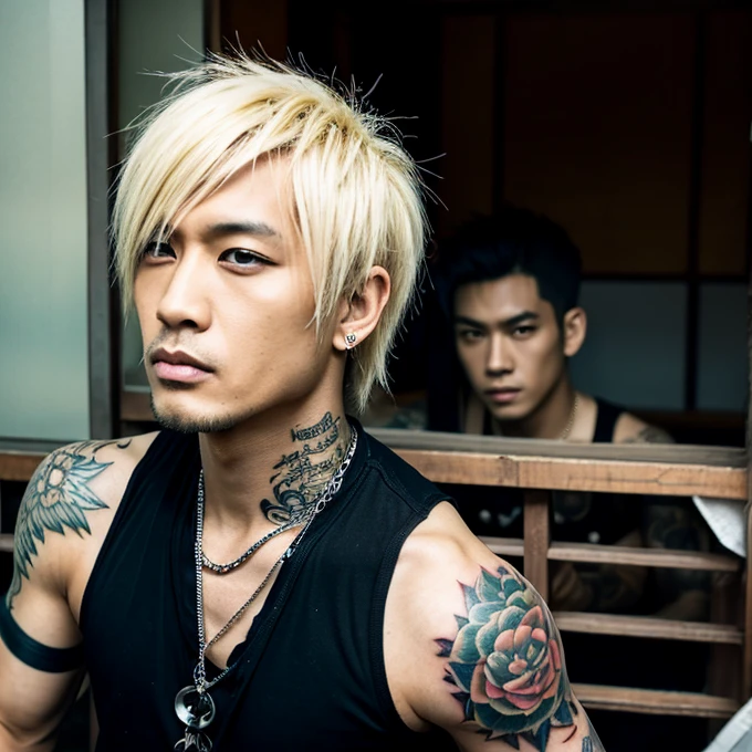 Japanese gothic rocker man, male, Asian eyes, muscular, broad shoulders, yakuza tattoos, hairstyle Visual Kei style, hair Visual Kei, black men's shirt and black pants, ultra detailed face, hyperrealistic, realistic representation,  30 years old, age 30 years,, blonde hair