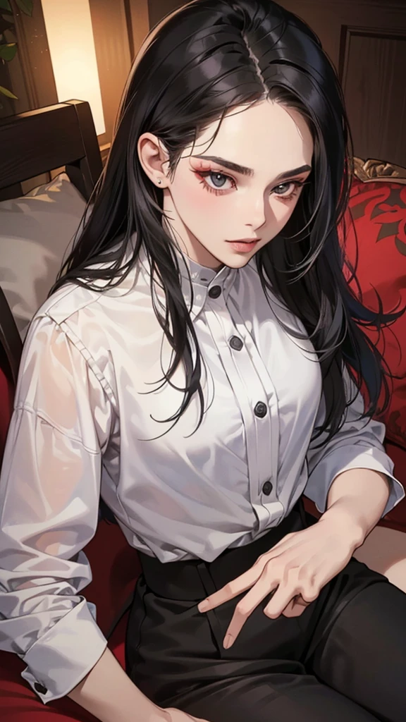 (masutepiece, Digital Art, Digital Illustration, 4K, 8K, Ultra-detailed, beautiful image, Sharp Image, Photorealistic, Raw photo, Perfect face, Perfect lines, Perfect eyes, Soft lighting) 1 woman, (Long Black Hair,straight haired,Red set, Bullish gaze,Beautie,Woman in suit,Solid makeup,23 y-o woman,small tits:1.3),Secretary, Two handsome men in suits, (ember,Men in suits,well-muscled,Firm shoulder width,Adult male,Boyish hairstyle,English gentlemanly style,Man in his 30s with a cool expression,28-year-old man with bright smile:1.2),Parti、a couple、couple kissing、kiss、the kiss、Romance、Kissing