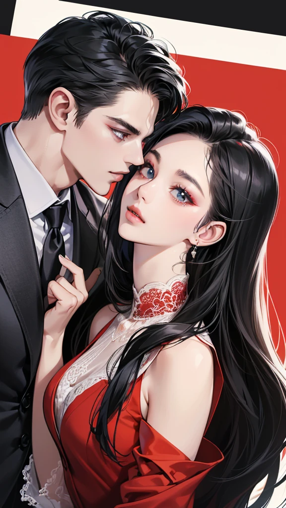 (masutepiece, Digital Art, Digital Illustration, 4K, 8K, Ultra-detailed, beautiful image, Sharp Image, Photorealistic, Raw photo, Perfect face, Perfect lines, Perfect eyes, Soft lighting) 1 woman, (Long Black Hair,straight haired,Red set, Bullish gaze,Beautie,Woman in suit,Solid makeup,23 y-o woman,small tits:1.3),Secretary, Two handsome men in suits, (ember,Men in suits,well-muscled,Firm shoulder width,Adult male,Boyish hairstyle,English gentlemanly style,Man in his 30s with a cool expression,28-year-old man with bright smile:1.2),Parti、a couple、couple kissing、kiss、the kiss、Romance、Kissing