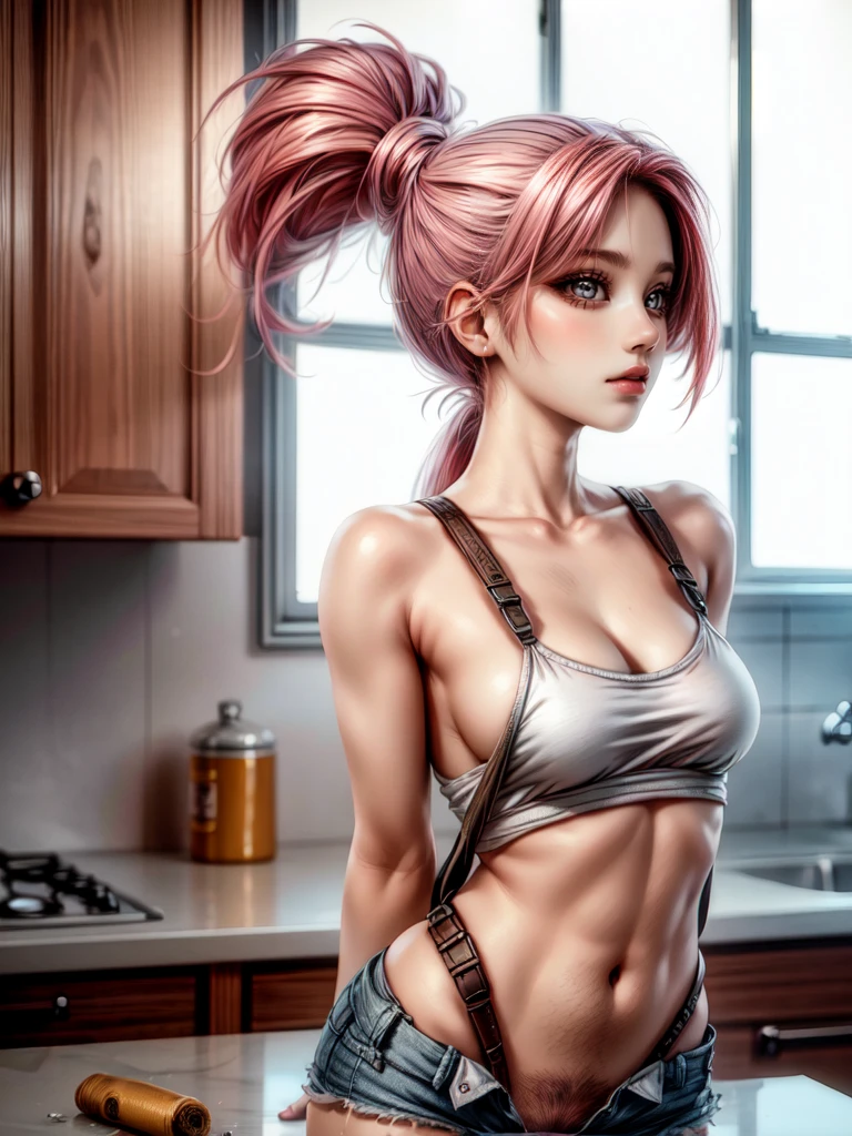 ultra-detailed realistic, 1 girl, standing alone, long pink hair, eye white, bangs over eyes, ponytail hair style, hair pulling back, whole body, Ultra realistic delicate face with depths of detail, Kitchen background, Shorts with open zipper showing gorgeous pubic hair, chemise, tool belt, insane details, ultra-realistic image, perfect symmetry, vibrant and clear, dynamic view, high level of detail and definition, 1200 PPI - Photographic resolution with greater color realism, hyperrealisti, high fidelity,  cinematic, 8K UHD image resolution.