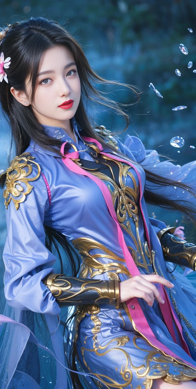 best quality, tmasterpiece,Ultra-high resolution,Clear face,(Reality:1.4),ferpect lighting,(upper body shot), (photorealistic:1.50), anime wallpaper, Guviz style artwork, cover-up fantasy up to magic , by Yang J, Guviz, beautiful artwork illustration, beautiful digital artwork, beautiful digital illustration, Li Song, beautiful anime portrait, art style in Beauvot, Lips wear thick red lipstick,(smille 1:1)
