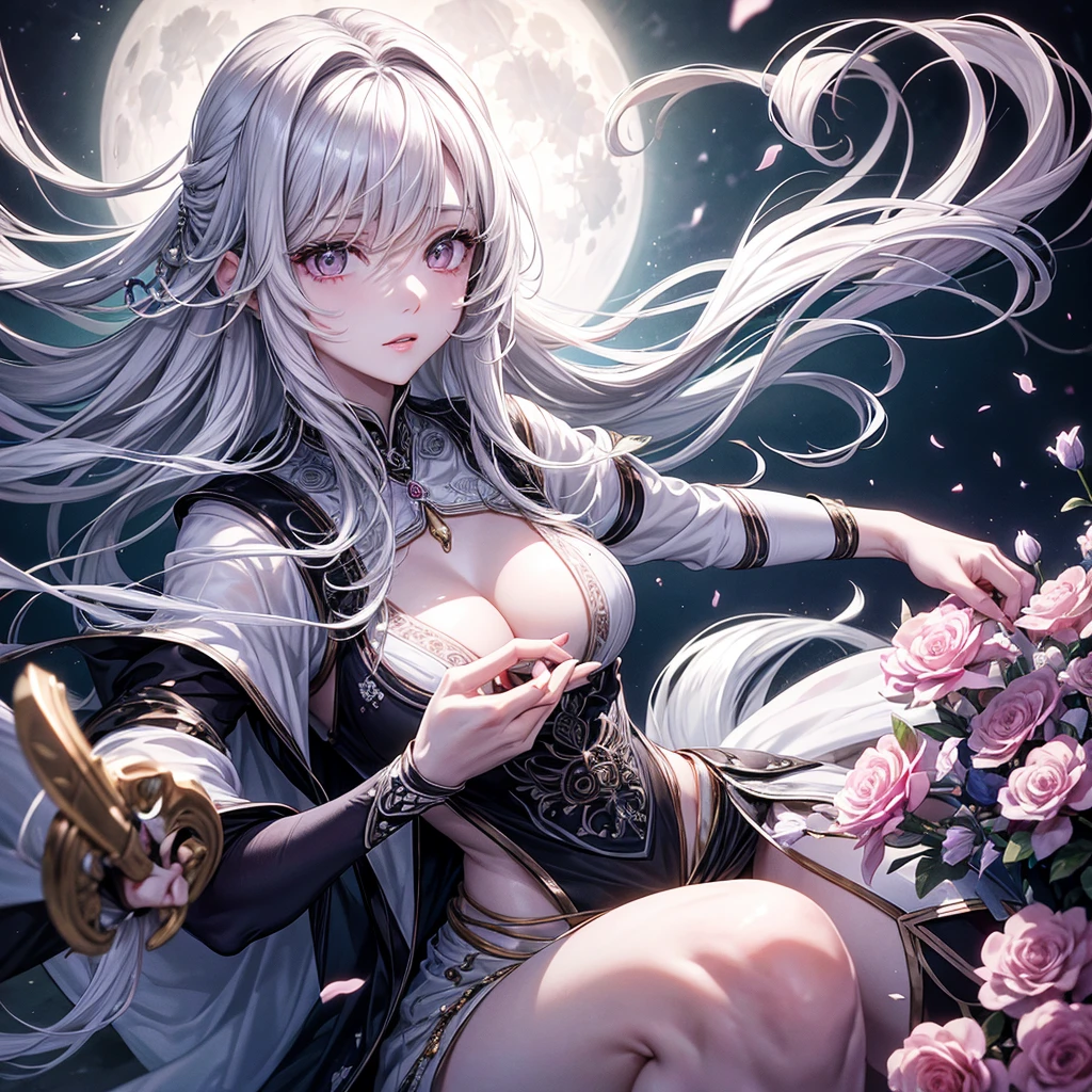 Masterpiece Best Night Full Moon 1 Woman Mature Woman Elder Sister Yu Sister Cold Face Expressionless Silver White Long Hair Woman Light Pink Lips Calm Intellectual Three Bands Gray Eyes Short Killer Knife, flowers, Hand details, finger details,