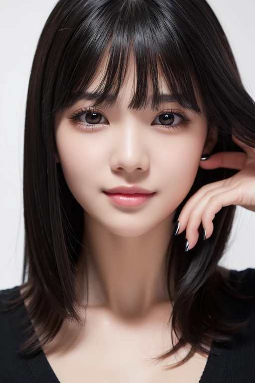 1girl, solo, looking_at_viewer, bangs, black_hair, photoshop_(medium), parted_lips, teeth, black_eyes, nail_polish, lips, close-up, realistic, photo_(medium), real_life