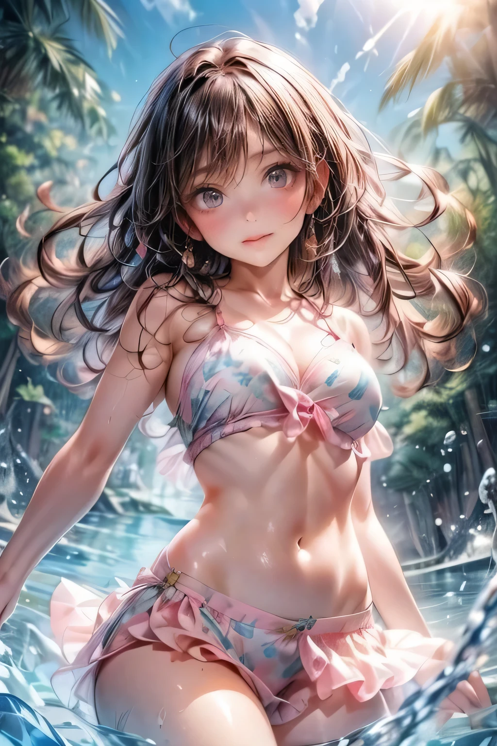 an animated image of the sexy anime girl in a bikini jumping in water, 1girl, solo, swimsuit, breasts, bikini, outdoors, brown hair, looking at viewer, navel, cleavage, smile, frills, bangs, water, day, medium breasts, frilled bikini, thigh gap, halterneck, pink bikini, sky, blush