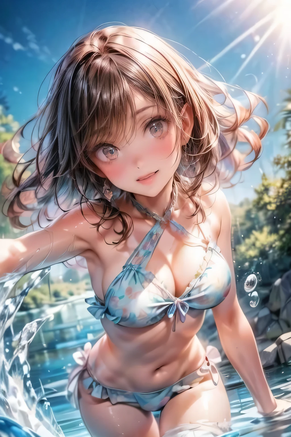 an animated image of the sexy anime girl in a bikini jumping in water, 1girl, solo, swimsuit, breasts, bikini, outdoors, brown hair, looking at viewer, navel, cleavage, smile, frills, bangs, water, day, medium breasts, frilled bikini, thigh gap, halterneck, pink bikini, sky, blush