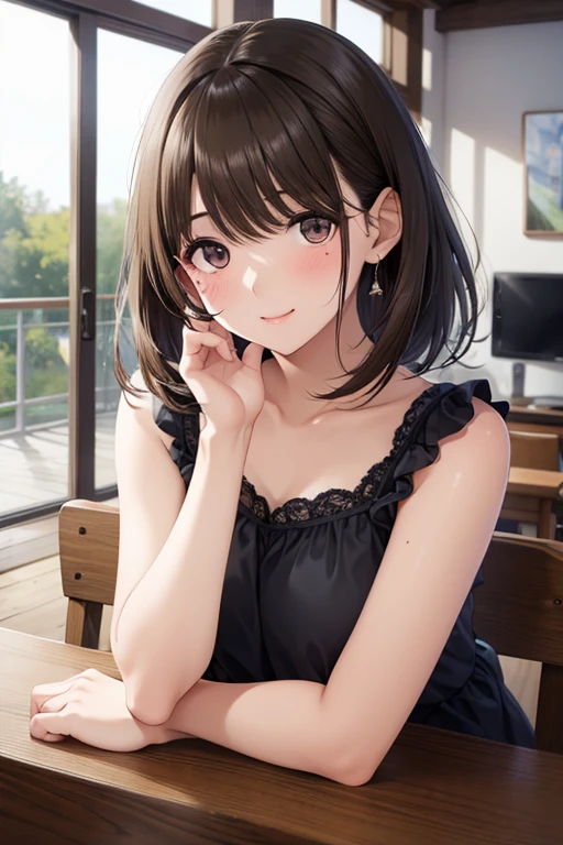 anegasaki nene、Shiny brown hair, short hair, (Beautiful brown eyes、Sparkling eyes, Fine grain)、smile、Super detailedな目、Highly detailed face, Highly detailed eyes,


Ultra-high resolution, Superior Quality, Highest quality, Super detailed, Realistic, 8k, RAW Photos, Highest quality, masterpiece, Attractive girl, A wonderful girl, 

Perfect focus, Crispy skin, he, very cute, Girls in their 20s, before a date with he, Enjoying fashion,, Mole under eye, Looking at the audience, expensive, blush, Mole, Lips parted, 