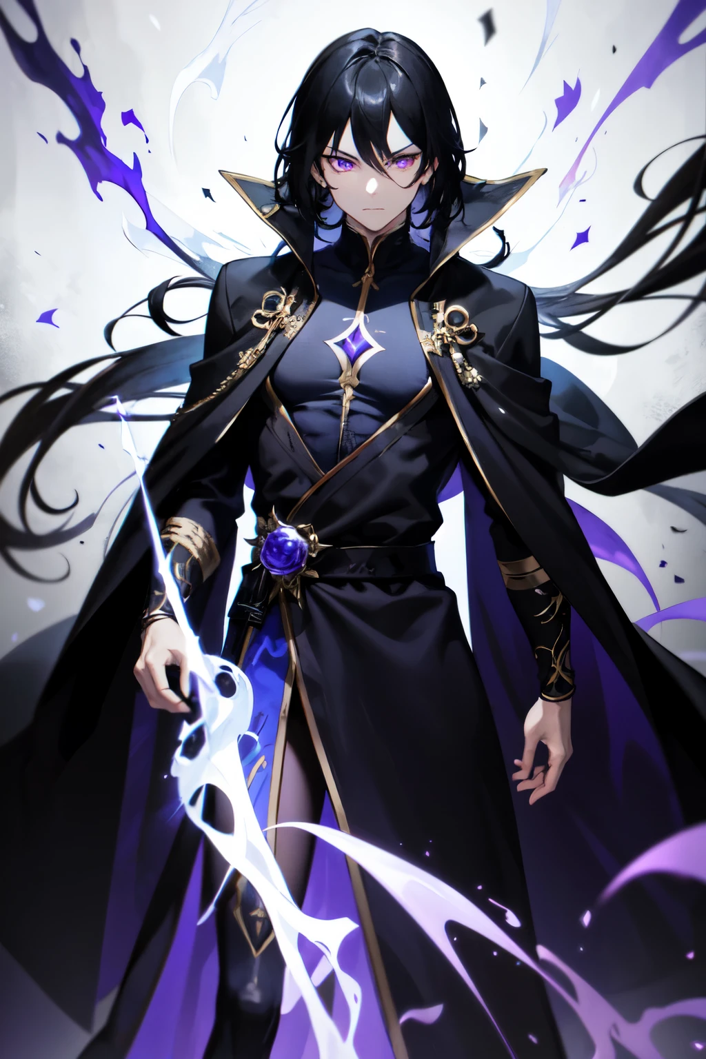 Trickster man with daggers, with black hair, with intense violet eyes and a determined expression. He is wearing dark clothes, a dark robe is draped over the top of the clothes. The overall dark colors and ethereal background create a mysterious and powerful aura.