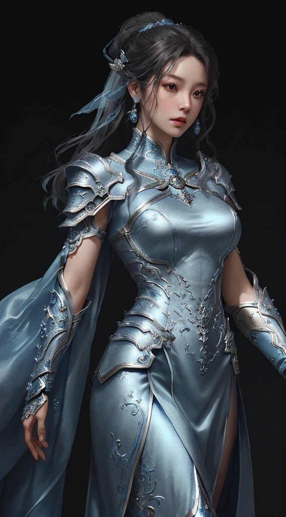 Close up of woman in silver and blue dress, Pan Chengwei on artstation, author:Yang J, Detailed fantasy art, Stunning character art, Fan Art Best Artstation, Epic and beautiful character art, Beautiful armor, Extremely detailed Artgerm, Detailed digital anime art, artstation pixiv download artgerm, Armor Girl