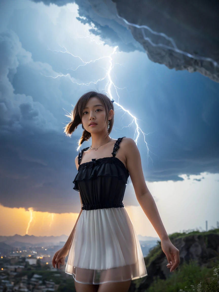 masutepiece, 8K,Focus on the thighs，High resolution full body, surrealism, Cinematic lighting, god light,Layered processing (HD layers, People layer， Background image layer)，f/4.0, kanon，(((The face is super clear)))，hugefilesize，Shiny skin,Detailed skin,Detailed face, Detailed eyes, Goddess of the Storm,(Lolita dress miniskirt:1.5)， At the top of a huge canyon, The wind was blowing violently, Hair similar to the color of wind and lightning, nakeness, Bare chest, No top, Show off , Storm vortex pendant, Lightning earrings, Dark clouds loom like a storm, A thunderous scene，Sky thunder and lightning scattered together，