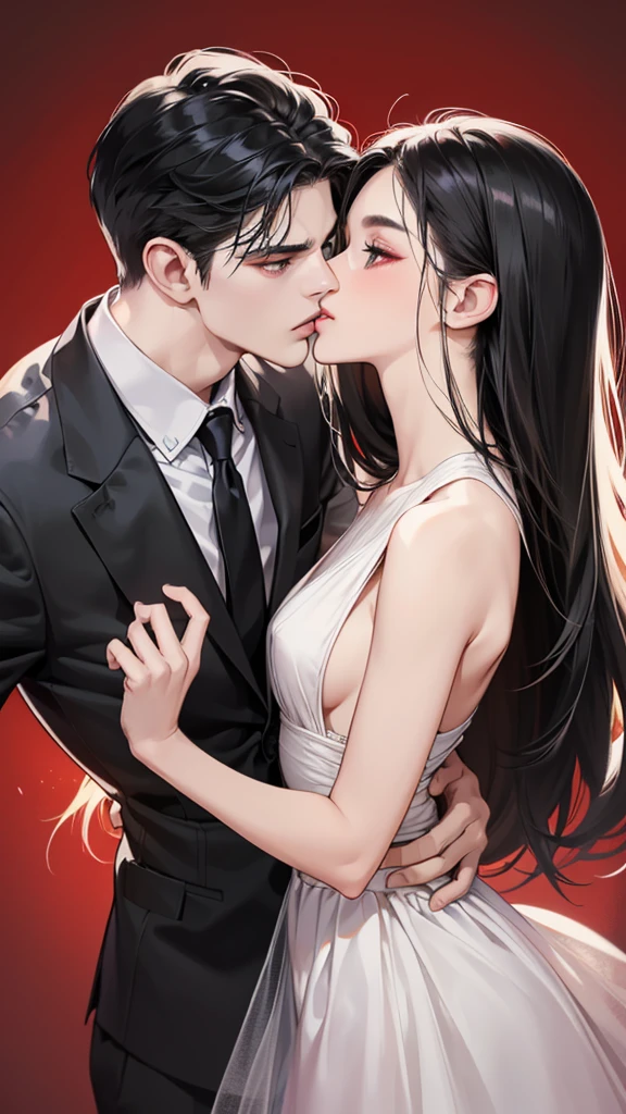 (masutepiece, Digital Art, Digital Illustration, 4K, 8K, Ultra-detailed, beautiful image, Sharp Image, Photorealistic, Raw photo, Perfect face, Perfect lines, Perfect eyes, Soft lighting) 1 woman, (Long Black Hair,straight haired,Red set, Bullish gaze,Beautie,Woman in suit,Solid makeup,23 y-o woman,small tits:1.3),Secretary, Two handsome men in suits, (ember,Men in suits,well-muscled,Firm shoulder width,Adult male,Boyish hairstyle,English gentlemanly style,Man in his 30s with a cool expression,28-year-old man with bright smile:1.2),Parti、a couple、couple kissing、kiss、the kiss、Romance、Kissing