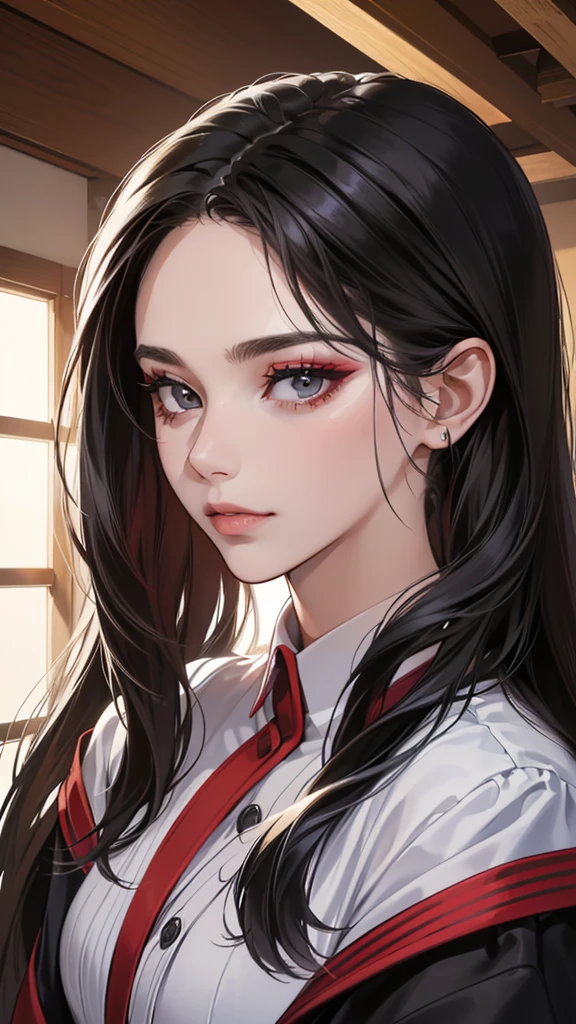 (masutepiece, Digital Art, Digital Illustration, 4K, 8K, Ultra-detailed, beautiful image, Sharp Image, Photorealistic, Raw photo, Perfect face, Perfect lines, Perfect eyes, Soft lighting) 1 woman, (Long Black Hair,straight haired,Red set, Bullish gaze,Beautie,Woman in suit,Solid makeup,23 y-o woman,small tits:1.3),Secretary, Two handsome men in suits, (ember,Men in suits,well-muscled,Firm shoulder width,Adult male,Boyish hairstyle,English gentlemanly style,Man in his 30s with a cool expression,28-year-old man with bright smile:1.2),Parti、a couple、couple kissing、kiss、the kiss、Romance、Kissing