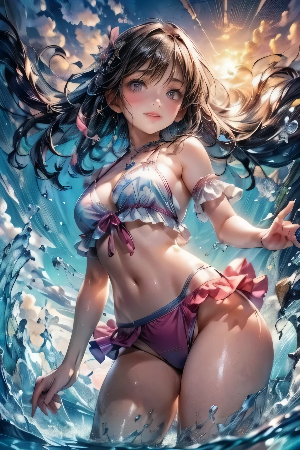 an animated image of the sexy anime girl in a bikini jumping in water, 1girl, solo, swimsuit, breasts, bikini, outdoors, brown hair, looking at viewer, navel, cleavage, smile, frills, bangs, water, day, medium breasts, frilled bikini, thigh gap, halterneck, pink bikini, sky, blush