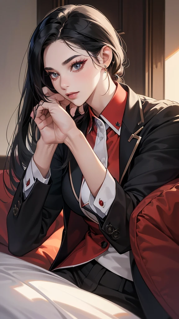 (masutepiece, Digital Art, Digital Illustration, 4K, 8K, Ultra-detailed, beautiful image, Sharp Image, Photorealistic, Raw photo, Perfect face, Perfect lines, Perfect eyes, Soft lighting) 1 woman, (Long Black Hair,straight haired,Red set, Bullish gaze,Beautie,Woman in suit,Solid makeup,23 y-o woman,small tits:1.3),Secretary, Two handsome men in suits, (ember,Men in suits,well-muscled,Firm shoulder width,Adult male,Boyish hairstyle,English gentlemanly style,Man in his 30s with a cool expression,28-year-old man with bright smile:1.2),Parti、a couple、couple kissing、kiss、the kiss、Romance、Kissing