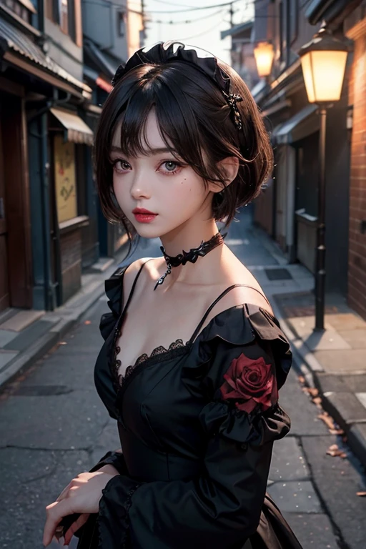 ((Upper Body))、((One Girl))、(20th Generation)、((Very short hair))、((Straight bangs))、((Black-haired))、(Take in the view)、Gothic ta、((Black maid outfit))、(Eye patch for left eye)、(Realistic:1.2)、In 8K、(High Quality Shadows)、Beautiful and delicate face、Beautiful and delicate eyes、Cute K-pop Idol、(The Face of Ulzan in Korea)、(Urzan-6500-v1.1:0.6)、Glowing Eyes、Perfect body、Natural color reproduction、((Strong light))、Bright red lipstick、(choker)、((Brown eyes))、Shiny Hair、Description of beautiful and delicate hair、(Glowing Skin)、(night)、Japanese、(dark alley between buildings)、Street lamp、Shoulder Bare、Small red rose tattoo on the décolletage、Just one tattoo