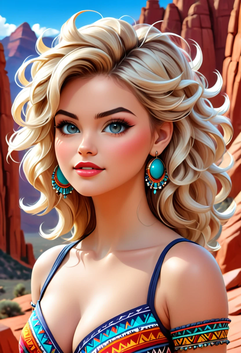 Beautiful boho women stunning merge of Masiela Lusha with colorful southwestern style dress. colorful southwestern earing and. jewelry, blond colored hair that is coarse, wiry, and tightly curled. It often has a rough texture, feels stiff to the touch, and may be prone to frizz and tangling. The curls can be densely packed. The Official Art – An Award-Winning Digital Masterpiece In 4K Ultra HD, Extreme Detail And Intricate Realism. symmetrical face. This Concept Art Brought To Life By The Hands Of Artists Like Wlop & Artgerm In A Stunning 2D Vector Illustration. large, perky, full, vuluptious, symmetrical and spherical breasts. Background is a beautiful panoramic vista of a red rock canyon.