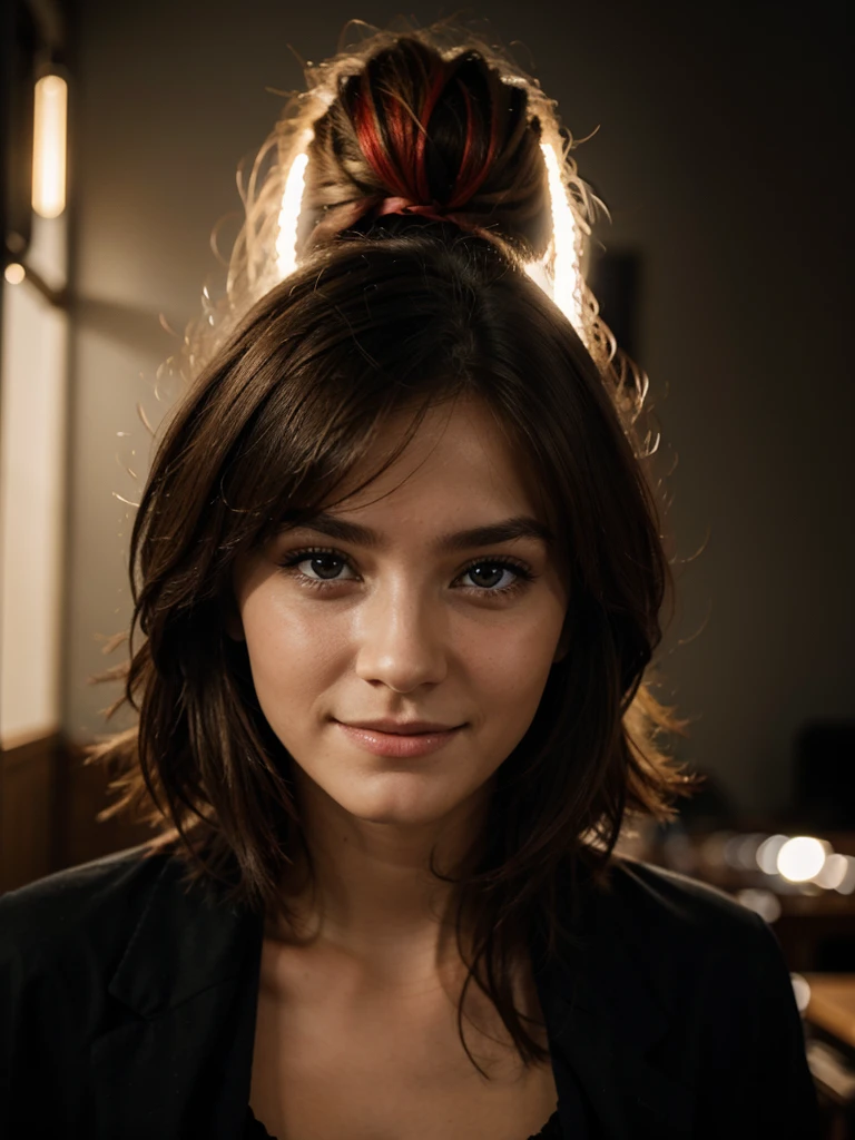 Photo brute, visage portrait photo d une belle 20 ans. oh woman, Visage mignon, poitrine 95 d, cheveux blond,Porter une robe noire, Happy face, ombres dures, cinematic plan, dramatic lighting